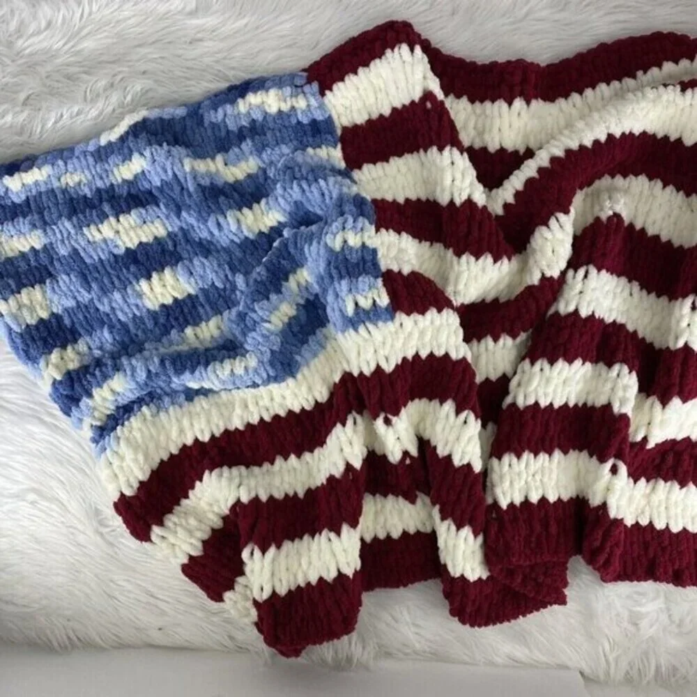 Handmade Chunky Knit American Flag Blanket Chenille Patriotic‎ USA Throw NEW